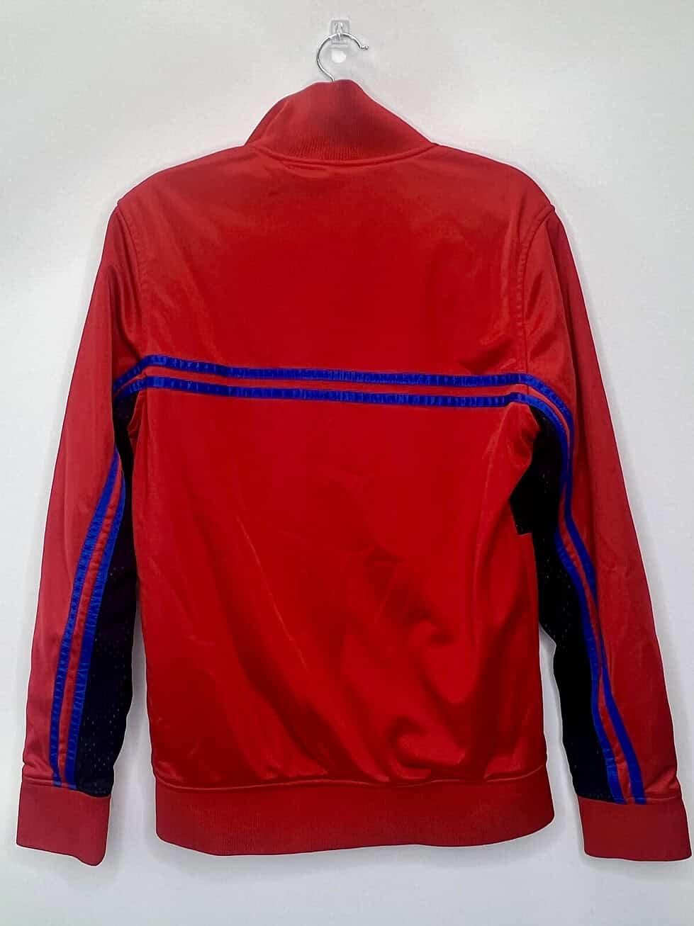 Back vintage-style Los Angeles Clippers red and black zip-up jacket with blue accents, NBA logo zipper pull, and mesh detailing.