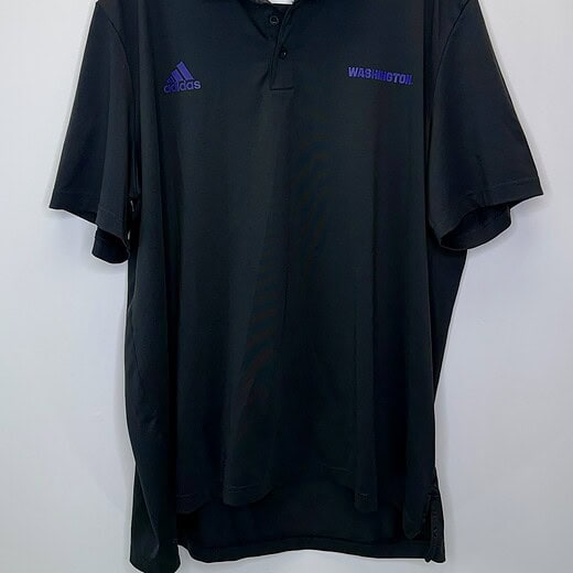 black Adidas Washington Huskies polo shirt with purple embroidered logos and player number 51 label; size 2XL.