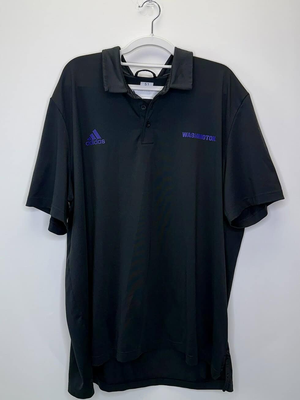 black Adidas Washington Huskies polo shirt with purple embroidered logos and player number 51 label; size 2XL.