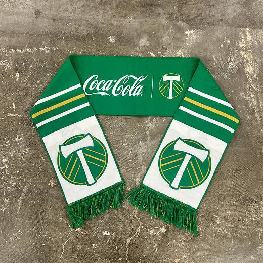 Portland Timbers Coca-Cola green and white supporter scarf with axe logo and fringe ends