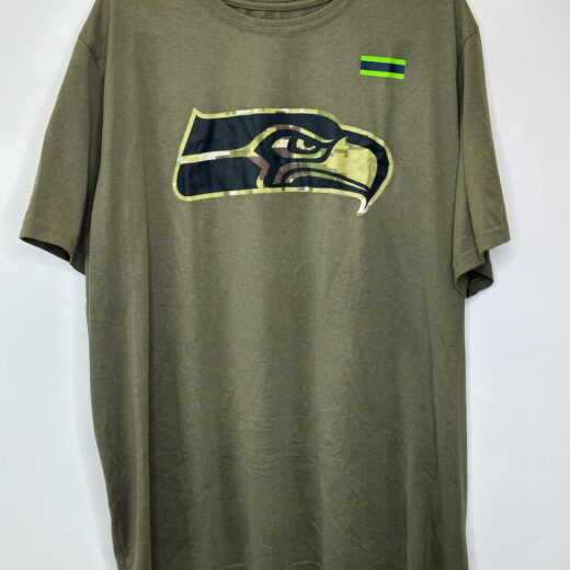 Front of Nike Seattle Seahawks Salute to Service T-shirt in olive green with camo logo and military patch.