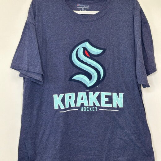 navy Seattle Kraken t-shirt by Champion, size XL, with Kraken Hockey logo.
