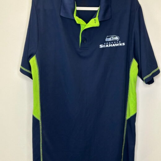 Front and back view of Seattle Seahawks men's polo shirt in navy with bright green accents and left chest logo.