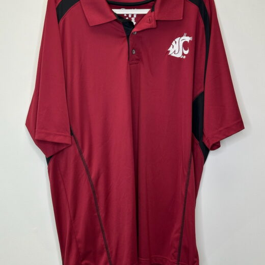 red Washington State Cougars Champion polo shirt, size XL, with embroidered logos and black contrast panels.