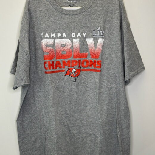 Gray Tampa Bay Buccaneers Super Bowl LV Champions t-shirt by Fanatics, size 2XL, with red and white graphics and Bucs logo on front.