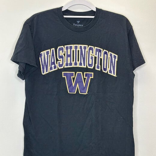 Front view of black Washington Huskies Fanatics T-shirt with purple and gold W logo