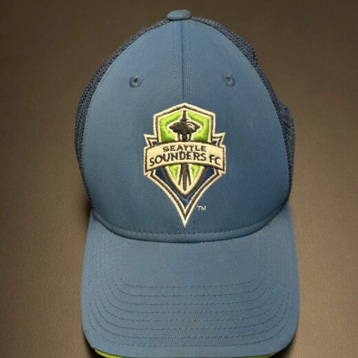 Front view of Seattle Sounders FC mesh trucker hat with embroidered crest