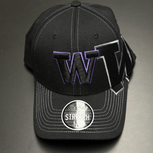New black University of Washington Huskies Zephyr stretch fit hat with large embroidered W logo, size Large